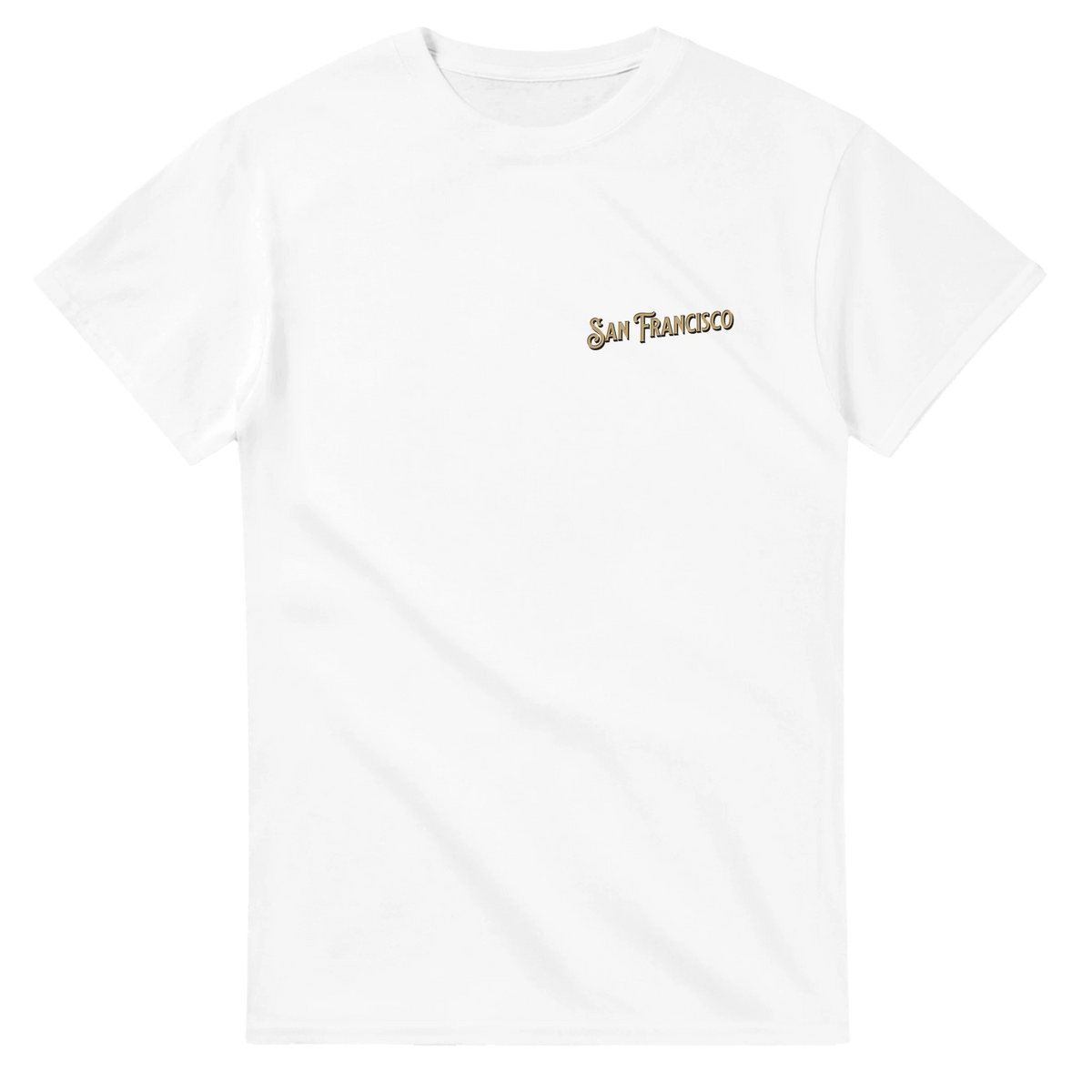 White T-shirt featuring metallic gold San Francisco wordmark on chest.
