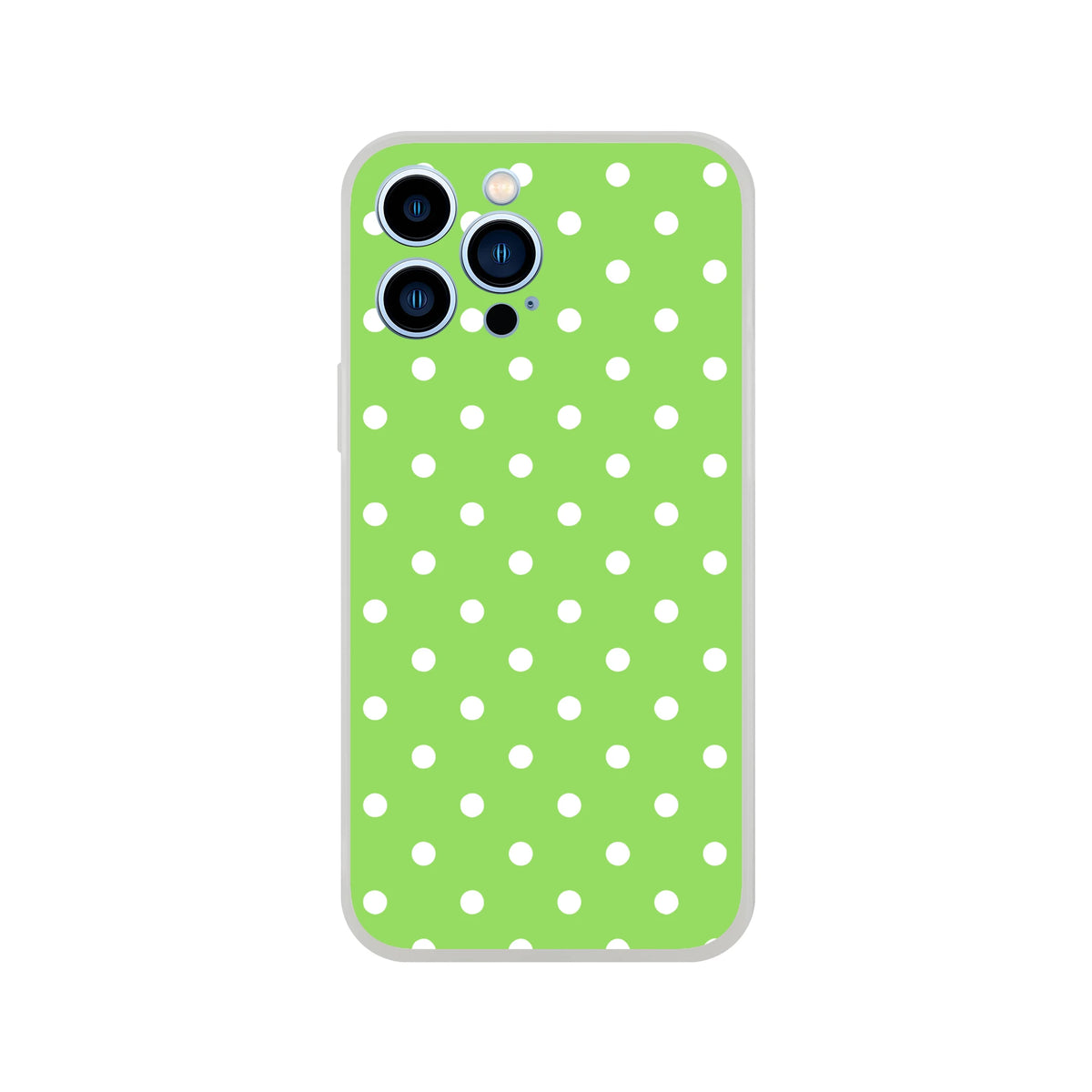 Retro green phone case with white polka dots, featuring a matte finish and shock-absorbing protection for iPhone 13-16 models.
