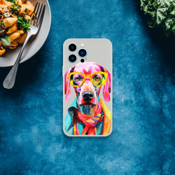 Transparent Gent dog case with colorful dog art, slim protective cover for iPhone 13-16.