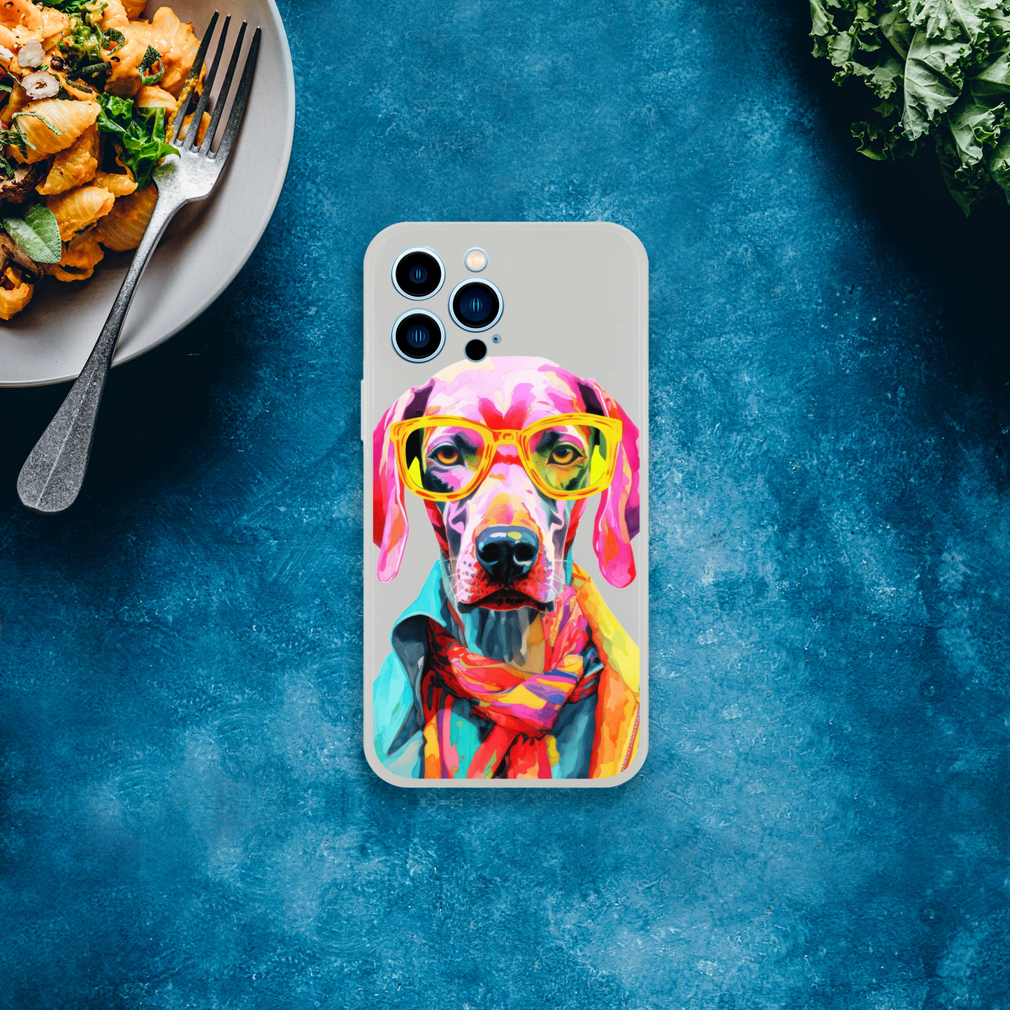 Transparent Gent dog case with colorful dog art, slim protective cover for iPhone 13-16.