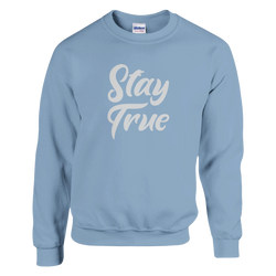 Light blue Stay True sweatshirt for women with cursive Stay True design, cozy casual top.