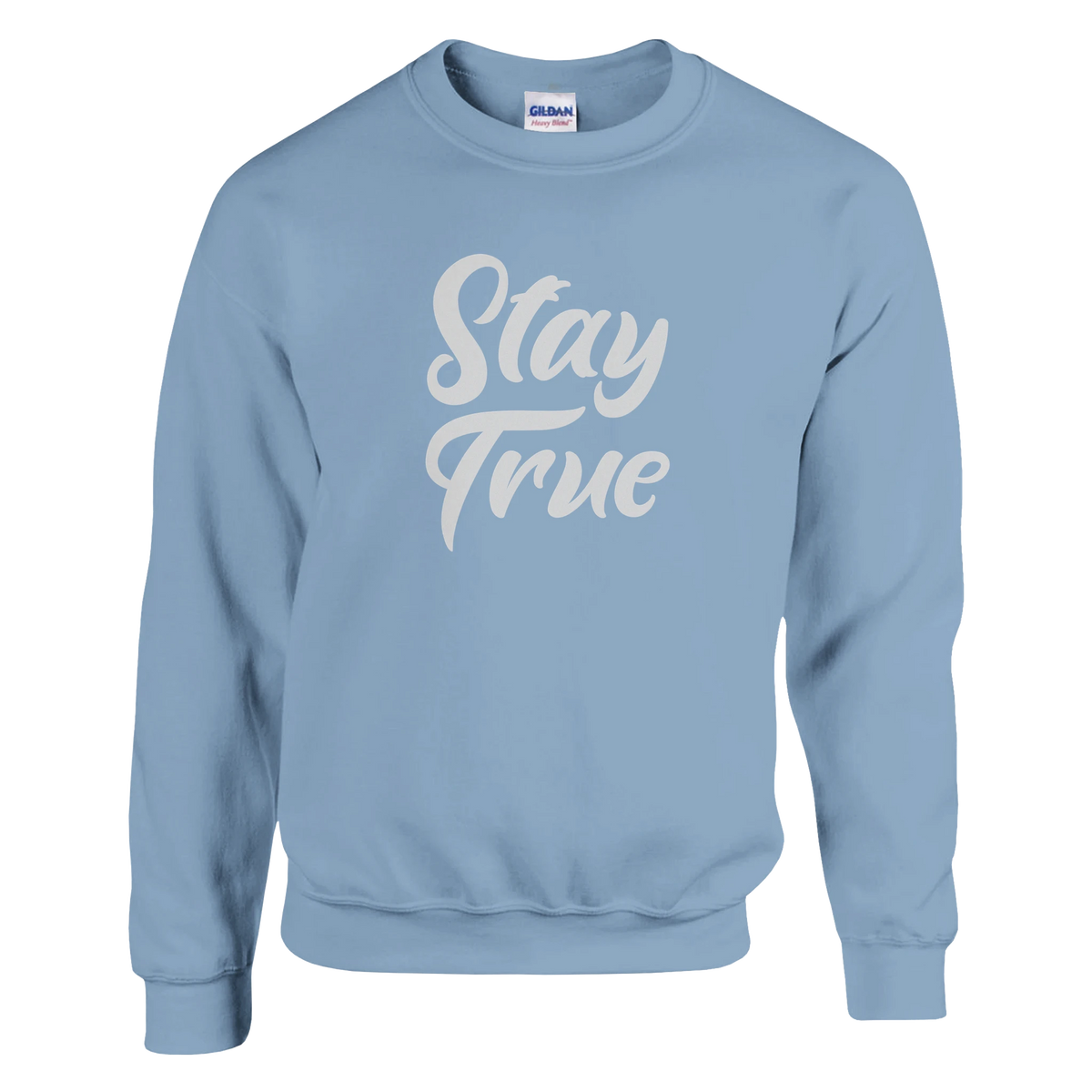 Light blue Stay True sweatshirt for women with cursive Stay True design, cozy casual top.