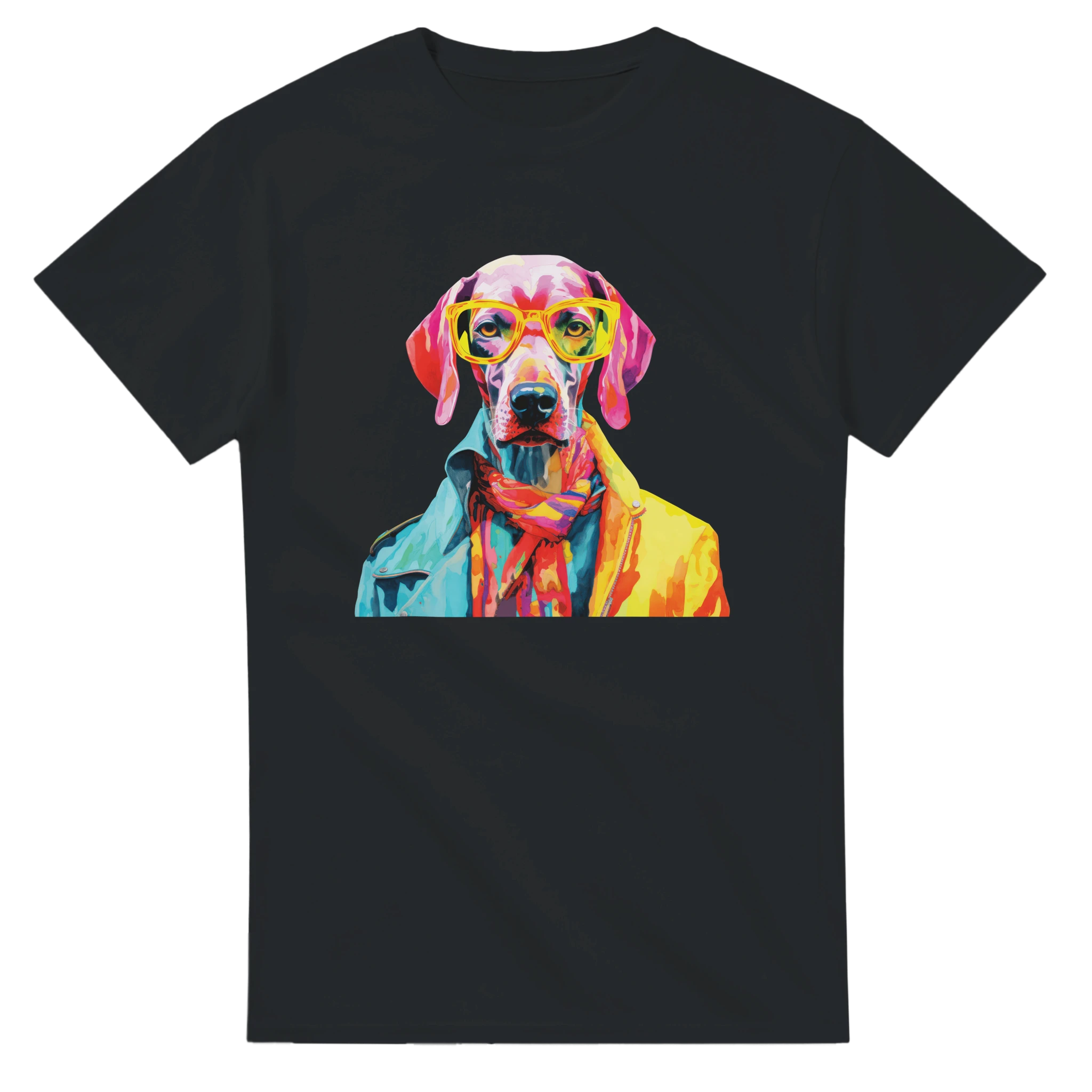 Colorful dog graphic tee on black shirt with yellow glasses and vibrant clothing.