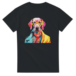 Colorful dog graphic tee on black shirt with yellow glasses and vibrant clothing.