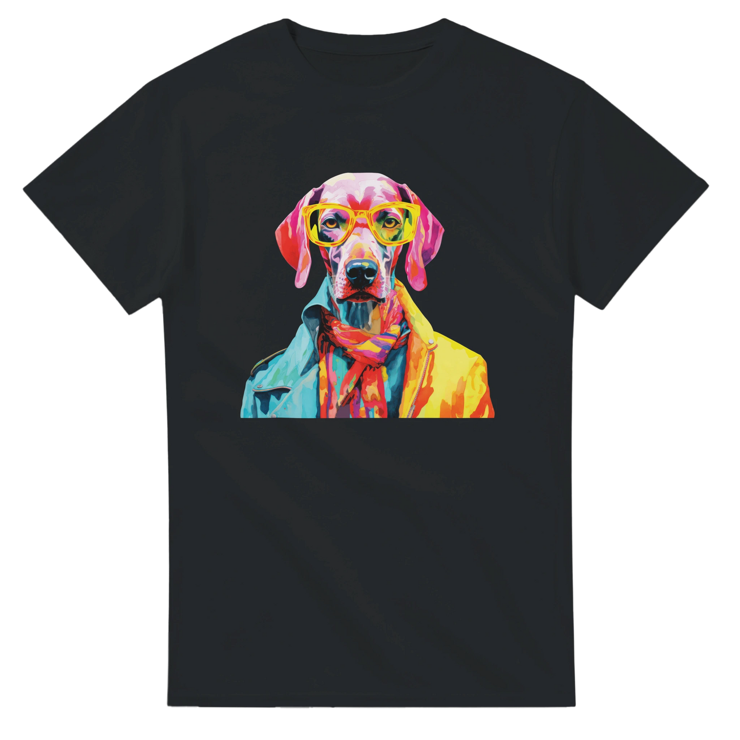 Colorful dog graphic tee on black shirt with yellow glasses and vibrant clothing.