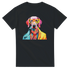 Colorful dog graphic tee on black shirt with yellow glasses and vibrant clothing.