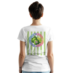 Back view of white women's tee featuring retro lime graphic with striped fruit print and circular Urban Palm Trees logo.