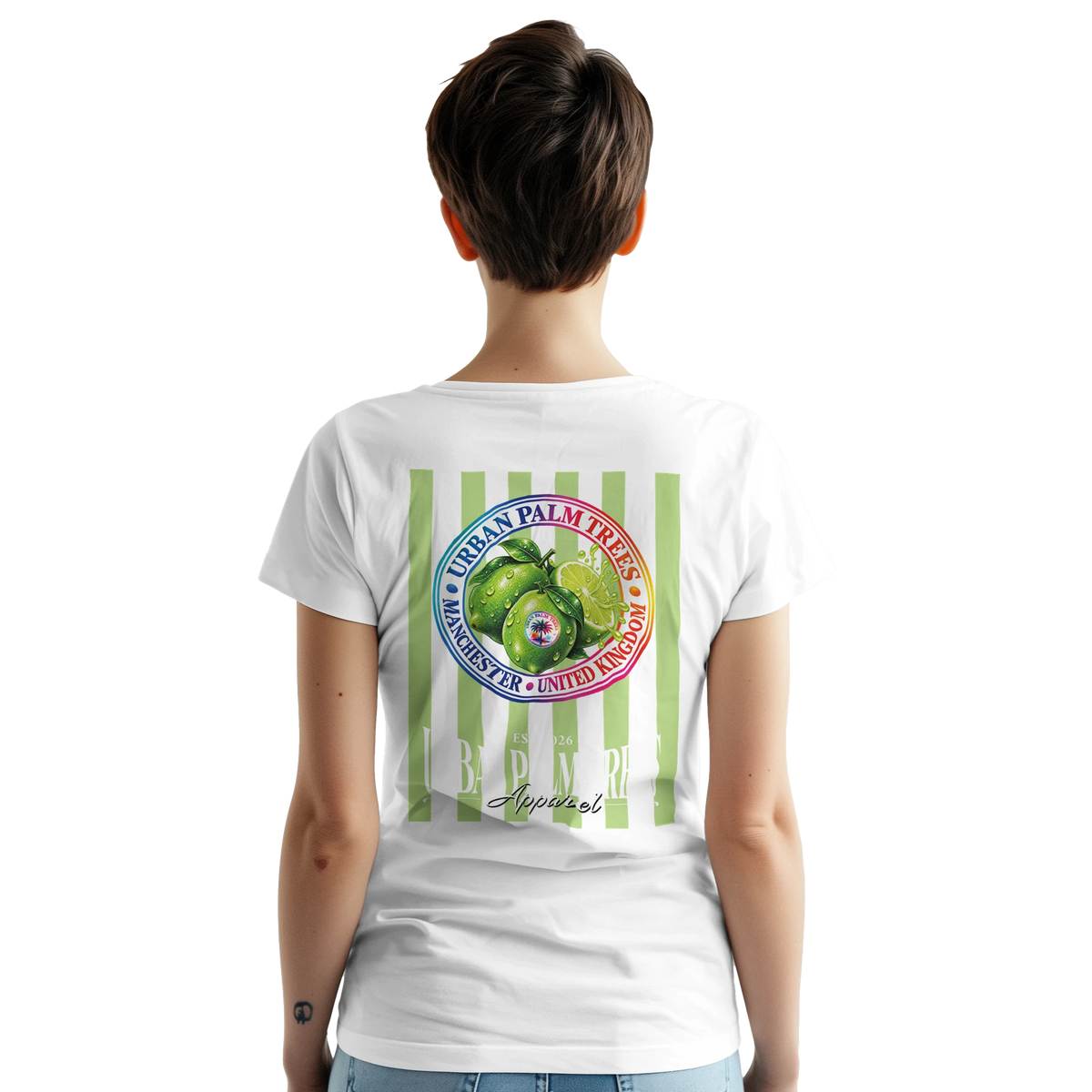 Back view of white women's tee featuring retro lime graphic with striped fruit print and circular Urban Palm Trees logo.