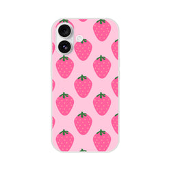 Pink strawberry-pattern iPhone case for iPhone 13-16, kawaii fruit aesthetic.