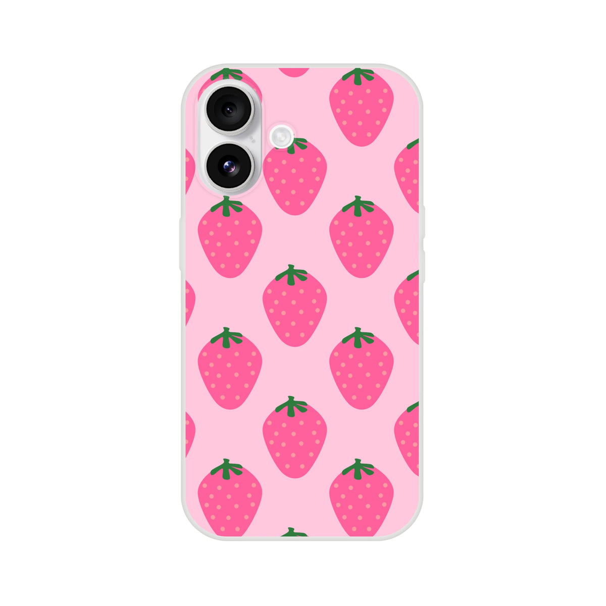 Pink strawberry-pattern iPhone case for iPhone 13-16, kawaii fruit aesthetic.
