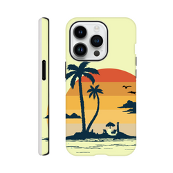 Retro Tropical Sunset Palm Tree Tough iPhone Case (13-16) with wraparound beach sunset palm scene