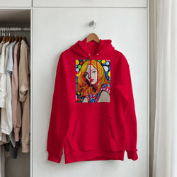 Red hoodie featuring a bold pop-art portrait of a woman in a colorful frame, hanging in a closet.