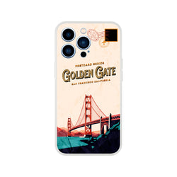 Vintage postcard-style iPhone case featuring the Golden Gate Bridge, stamps, and San Francisco text.