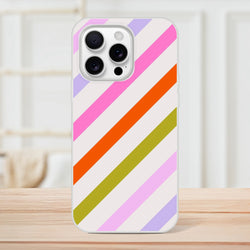 Pastel rainbow diagonal stripe iPhone case for iPhone 13–16 with slim, flexible design and matte finish.