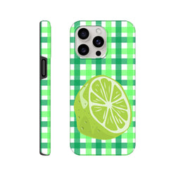 Lime gingham iPhone case featuring a glossy citrus print and shock-absorbing protection for daily reliability.