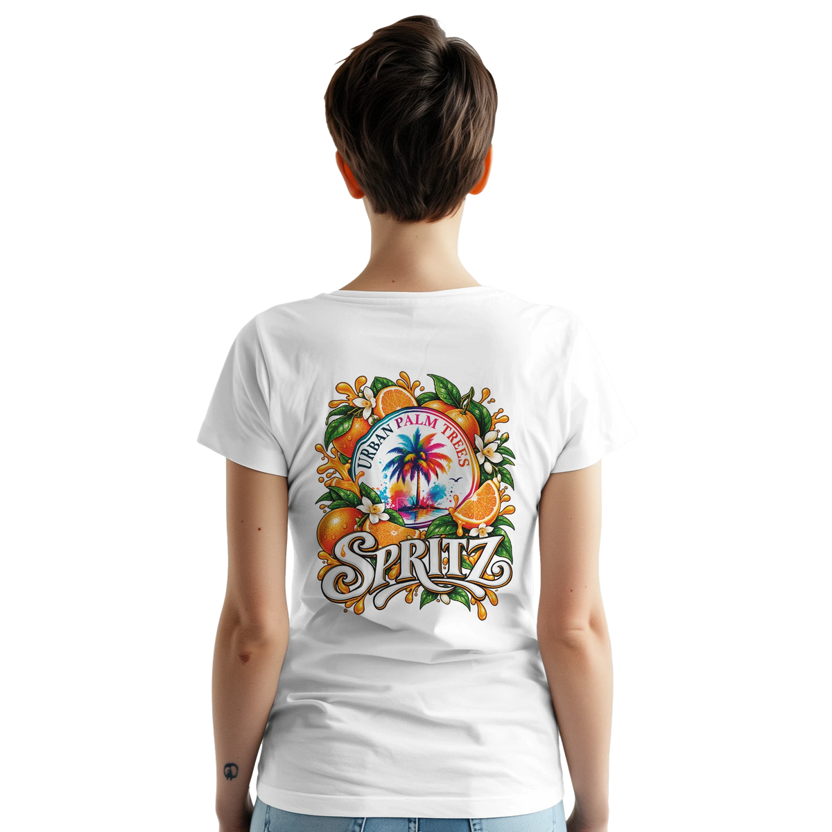 White women's t-shirt back print featuring retro Orange Spritz graphic with palm tree, citrus fruits, and vintage typography.
