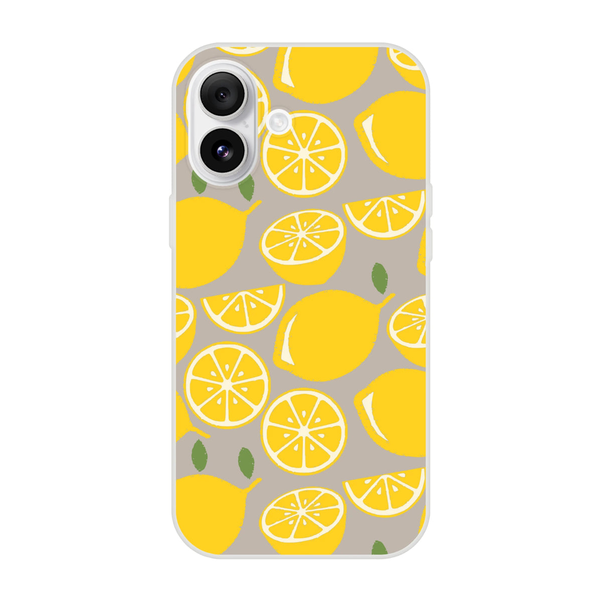 Cute lemon print iPhone case (13-16) with bright yellow citrus slices on a gray background.