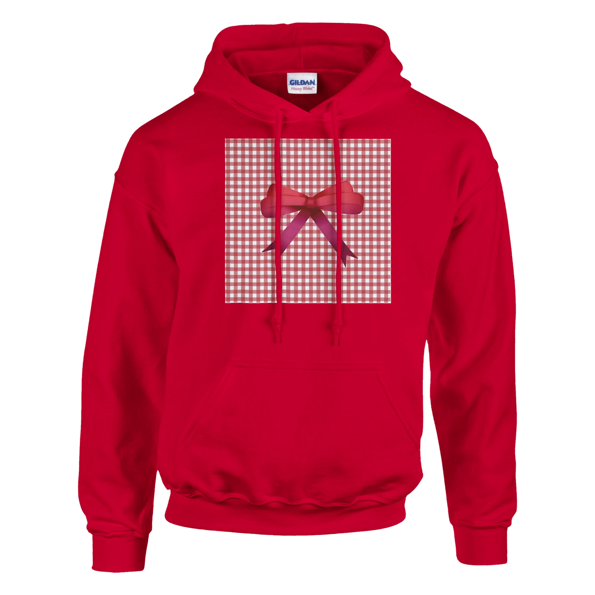 Red Bow Gingham Hoodie for Women with a gingham chest panel and bow accent.