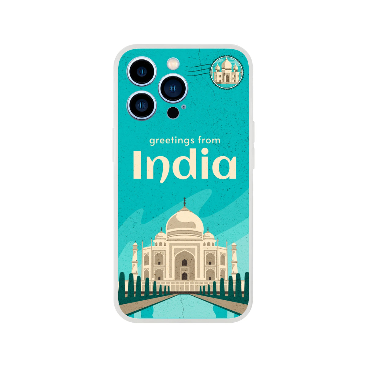 Vintage Postcard iPhone Case (13-16) India Holiday - turquoise flexi shell with Taj Mahal illustration.