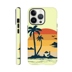 Retro Tropical Sunset Palm Tree Tough iPhone Case for iPhone 13-16 with wraparound palm beach scene