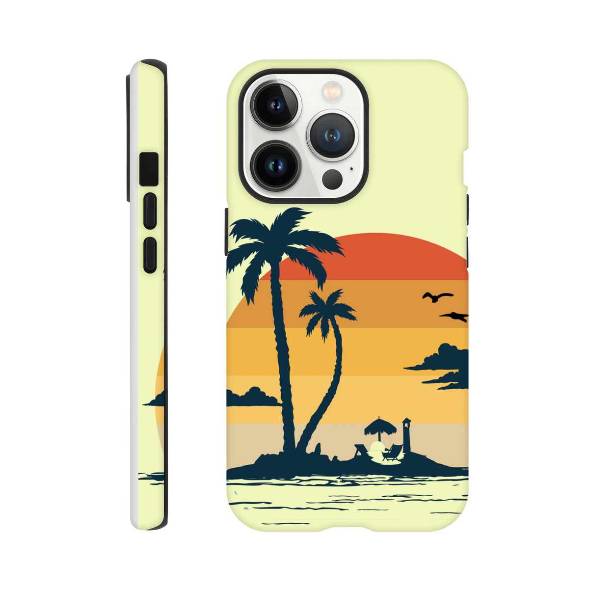 Retro Tropical Sunset Palm Tree Tough iPhone Case for iPhone 13-16 with wraparound palm beach scene