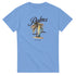 Blue women's palm-tree graphic tee with surfboard and sandy base.