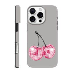 Grey tough iPhone case featuring pink glitter disco ball cherry design for models 13 through 16.