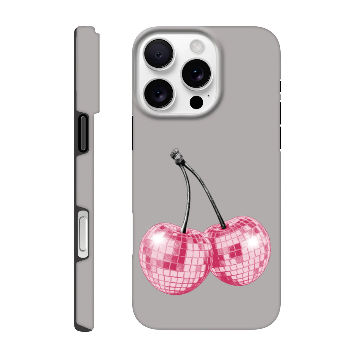 Grey tough iPhone case featuring pink glitter disco ball cherry design for models 13 through 16.