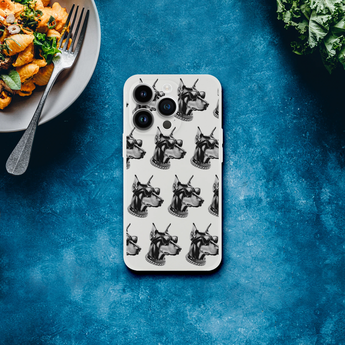 Gangster dog pattern iPhone case (13-16), transparent frosted slim protective cover with sunglasses-wearing dog heads.