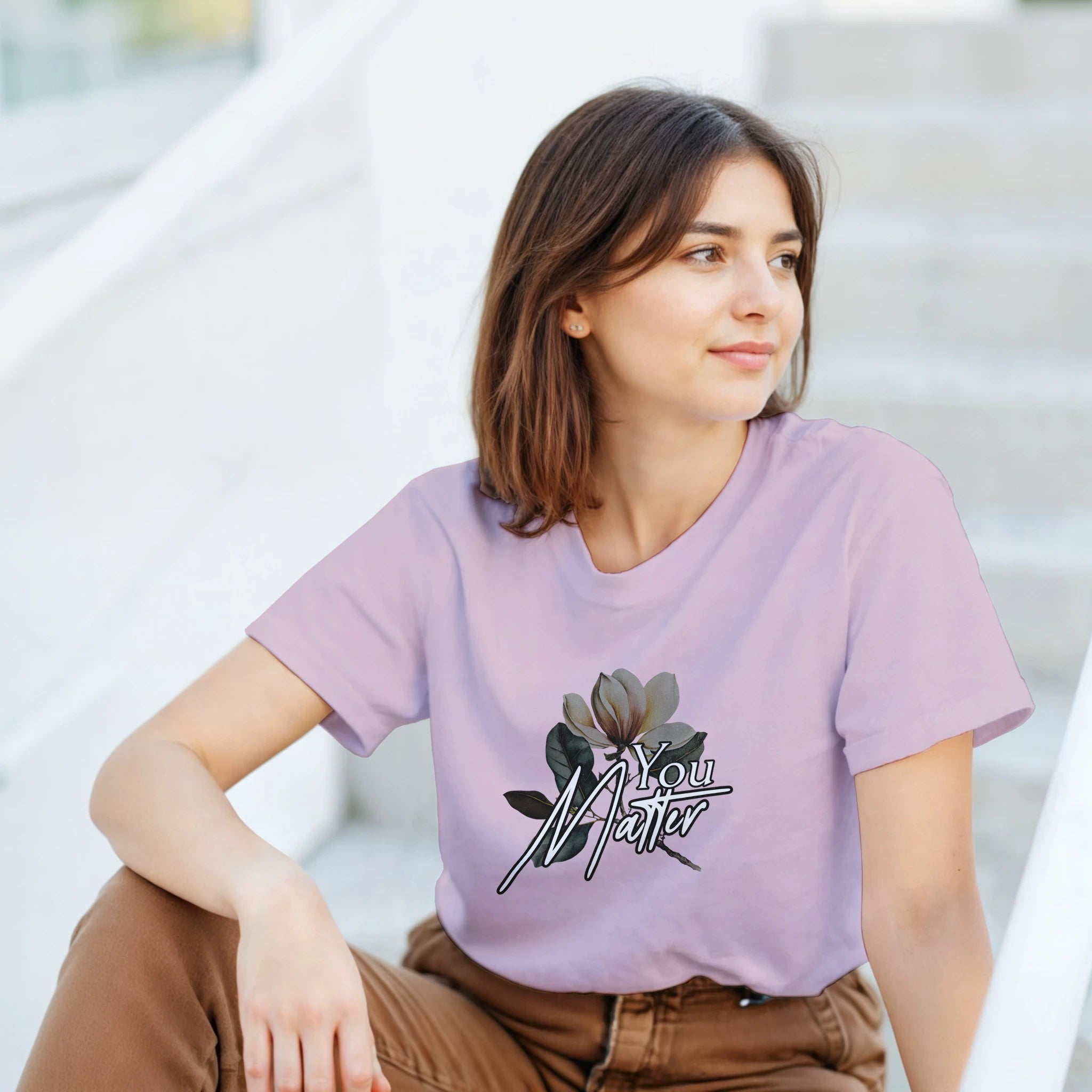 You Matter Slogan T Shirt, Women’s Graphic Tee in lavender with floral graphic on soft cotton blend.