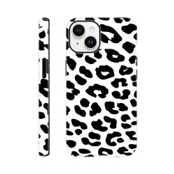 White iPhone case with black snow leopard print pattern featuring shock-absorbing protection and seamless wrap-around design.