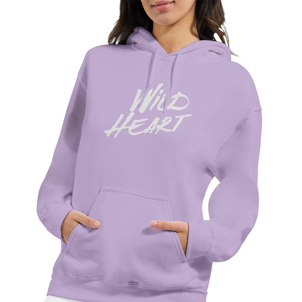 Woman in lavender hoodie with bold white Wild Heart slogan.