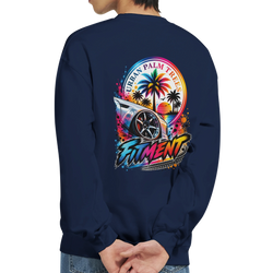 Navy Fitment Stance car sweatshirt featuring a colorful palm tree and wheel graphic on the back for petrolheads.