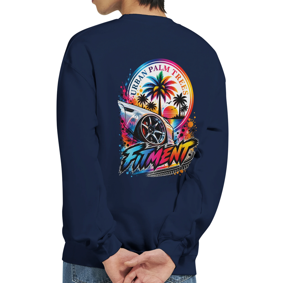 Navy Fitment Stance car sweatshirt featuring a colorful palm tree and wheel graphic on the back for petrolheads.
