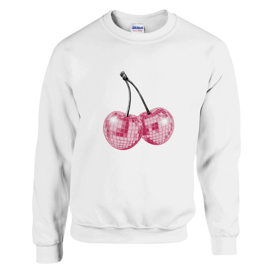 White cotton-blend sweatshirt with pink glitter disco-ball cherries graphic.