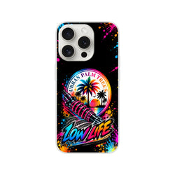 Low Life car culture iPhone case featuring urban palm trees, shock absorber graphic, and colorful paint splatters on black background.
