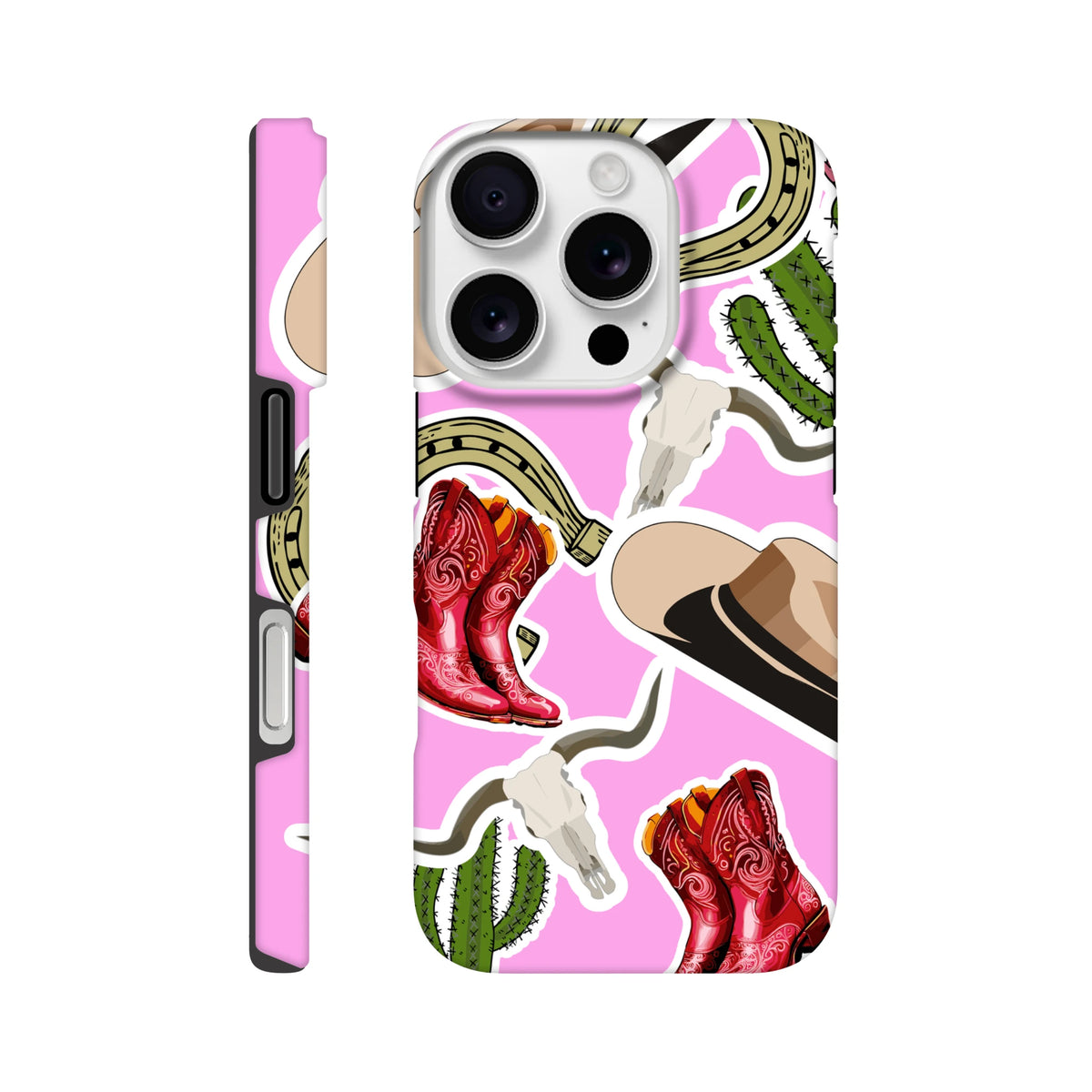 Pink Western iPhone case featuring cowboy boots, cactus, horseshoe, and longhorn skull desert motifs for models 13-16.