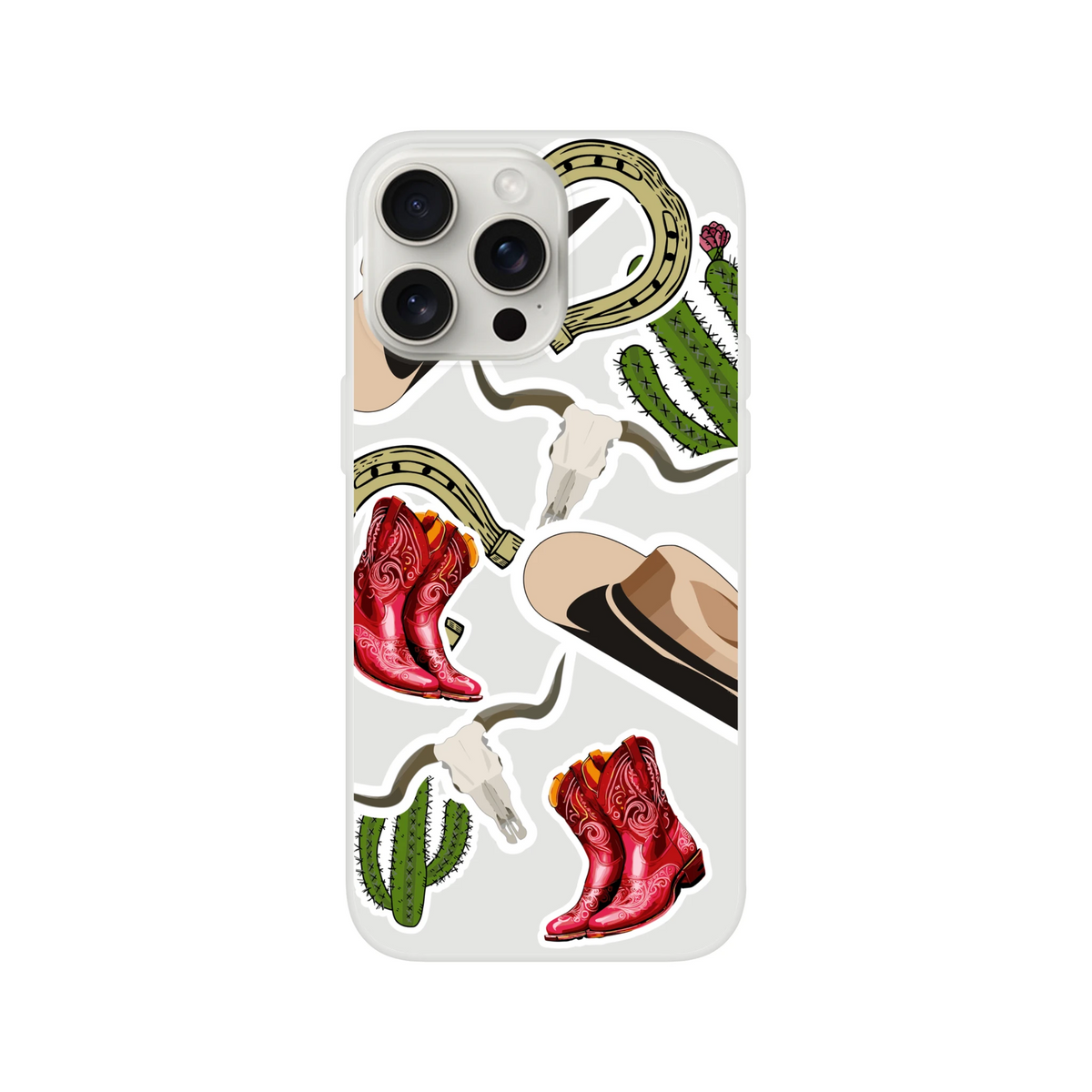Western cowboy phone case featuring red boots, cactus, horseshoe, and longhorn skull sticker art design for iPhone 13-16.