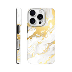 Luxury white and gold marble iPhone case featuring an abstract swirl pattern with seamless wraparound design.