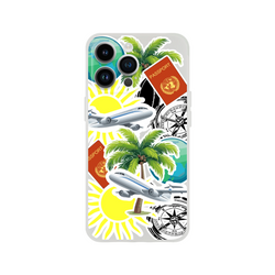 Transparent iPhone case featuring travel sticker collage with palm trees, passports, airplanes, globes, and compasses.