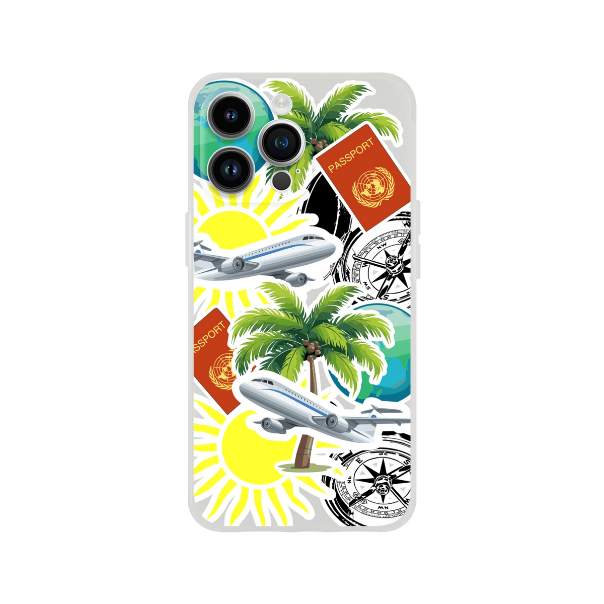 Transparent iPhone case featuring travel sticker collage with palm trees, passports, airplanes, globes, and compasses.