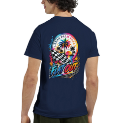 Navy men's graphic tee featuring a colorful "Flat Out" design with a checkered flag, palm trees, and sunset vibe for modified car culture.