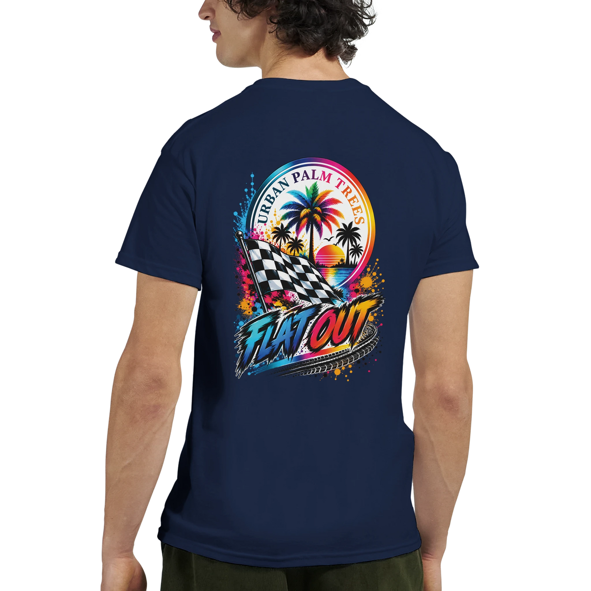 Navy men's graphic tee featuring a colorful "Flat Out" design with a checkered flag, palm trees, and sunset vibe for modified car culture.