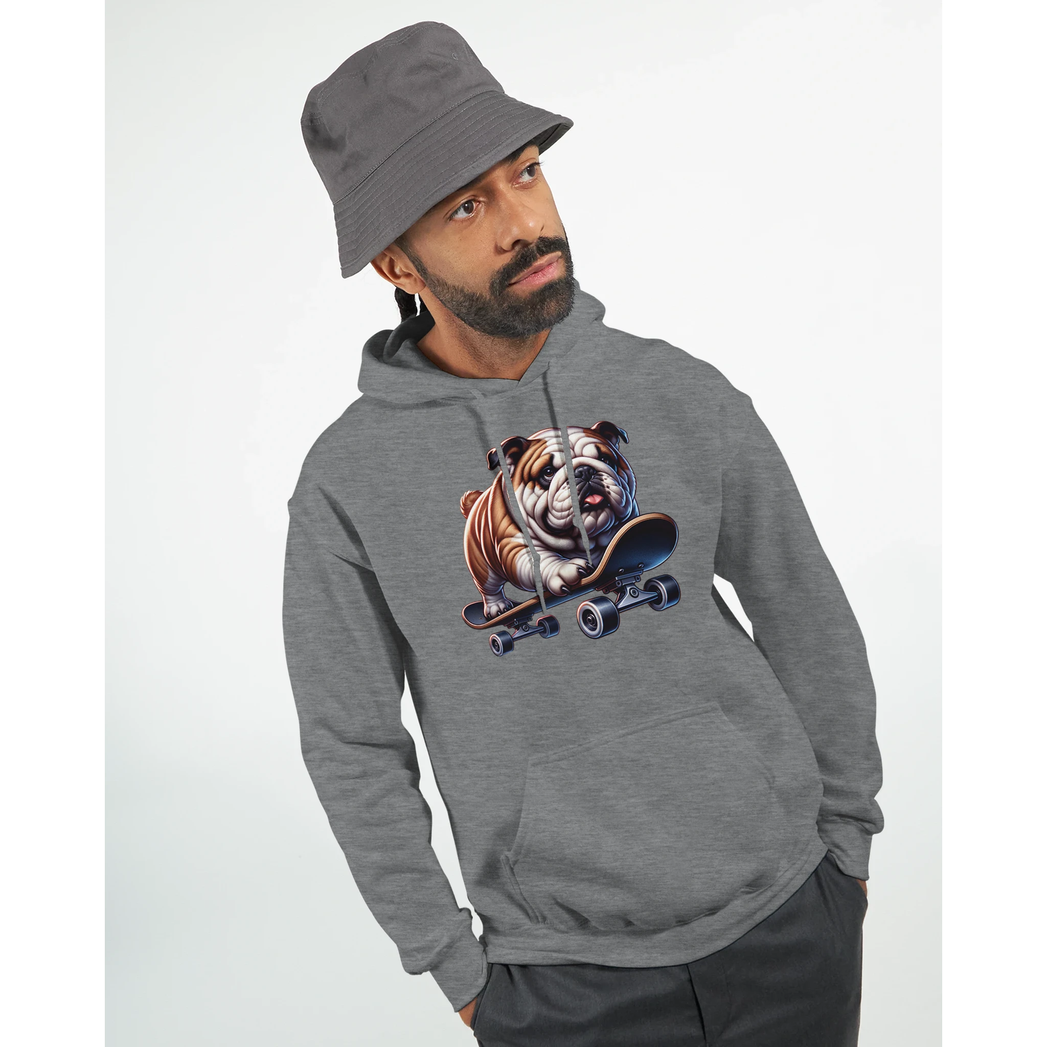 Male model wearing a gray 50/50 cotton-poly hoodie featuring a bulldog on a skateboard and a front pouch pocket.