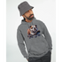 Male model wearing a gray 50/50 cotton-poly hoodie featuring a bulldog on a skateboard and a front pouch pocket.