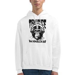 Trance Gorilla men's graphic hoodie in white with a gorilla wearing headphones and bold TRANCE text.