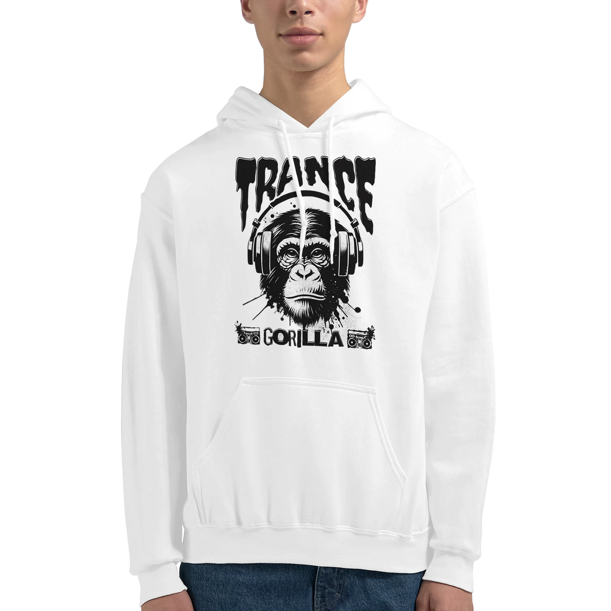 Trance Gorilla men's graphic hoodie in white with a gorilla wearing headphones and bold TRANCE text.