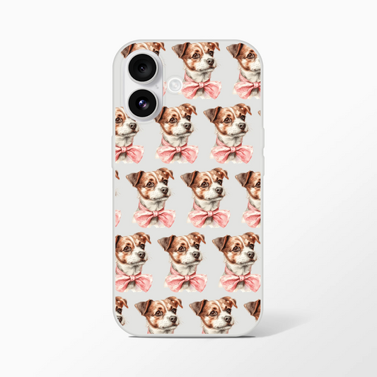 Transparent iPhone case with a repeating pattern of cute dog faces wearing pink bow ties.