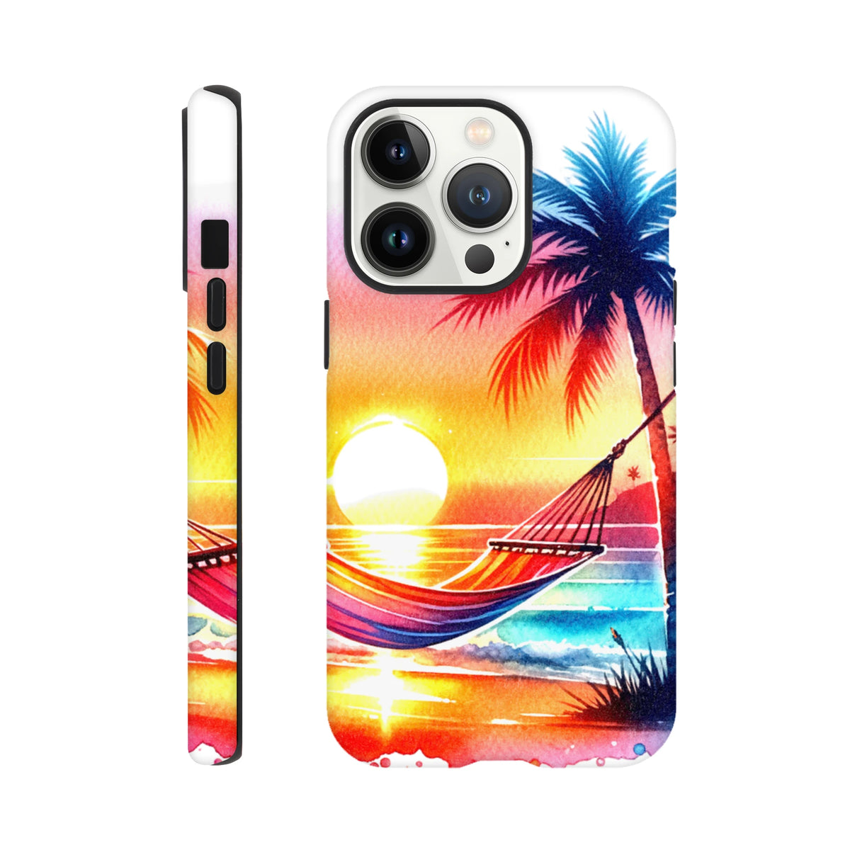 Tropical Sunset Palm Tree Tough iPhone case for 13-16 with shock-absorbing core and bold palm art.
