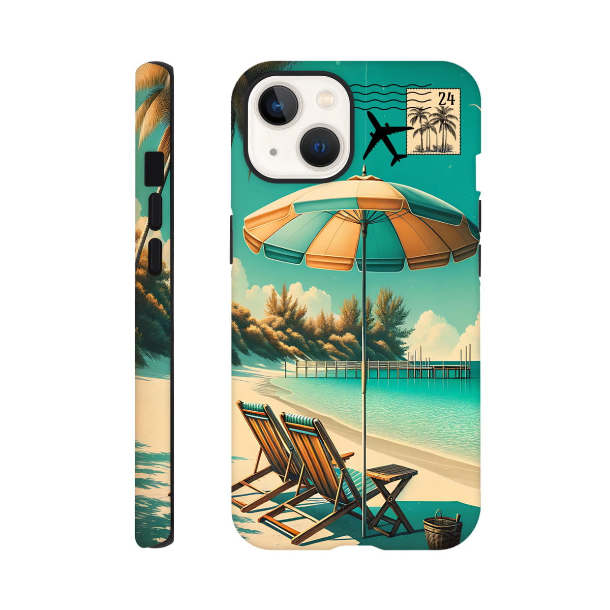 Vintage beach holiday iPhone case featuring retro beach chairs, striped umbrella, and postmark graphic for coastal trips.